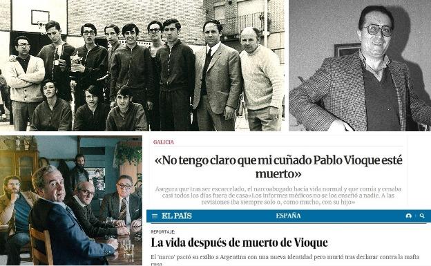 Arriba, Pablo Vioque (segundo por la izquierda, de pie) y a la derecha, ya convertido en narco en 1996; abajo a la izquierda, narcos de la serie 'Fariña' y a la derecha, imagen de artículos en La Voz de Galicia y El País. /