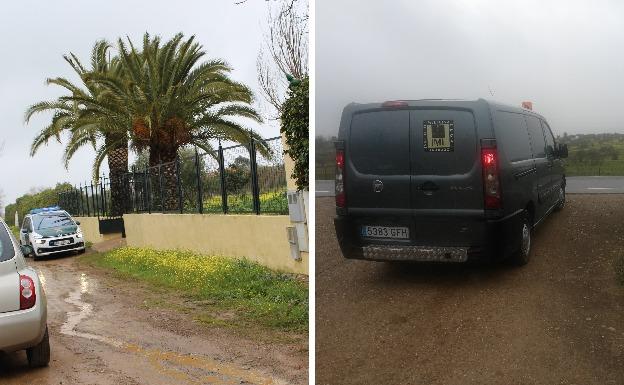 A la izquierda, efectivos de la Guardia Civil vigilan el acceso al chalé en el que se produjeron las muertes. A la derecha, un vehículo funerario traslada los cadáveres. :: i. c. ::
