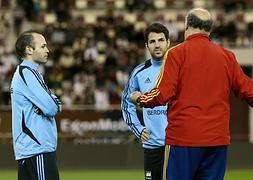 Iniesta (iz), Cesc (ce) y Del Bosque (de), durante un entrenamiento de la selección española./AFP/