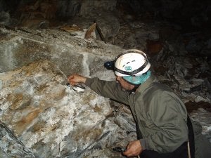 Uno de los investigadores toma muestras en una cueva. :: HOY/