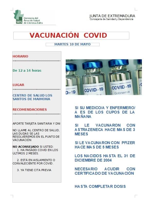 Cartel de la vacunación del martes 10 de mayo 