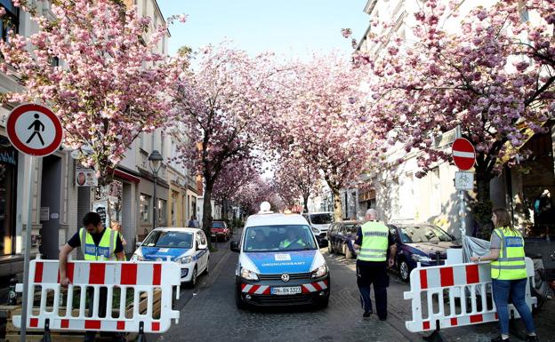 La policía municipal bloquea el acceso a la calle de los Cerezos en Flor de Bonn para evitar la entrada de turistas/EFE