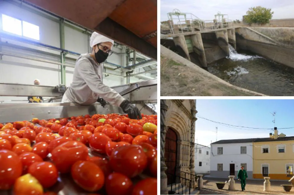 Izq. Trabajadora en la industria del tomate | Der. Presa de regadío del canal de Zújar | El Carrascalejo, el pueblo menos poblado de Extremadura./