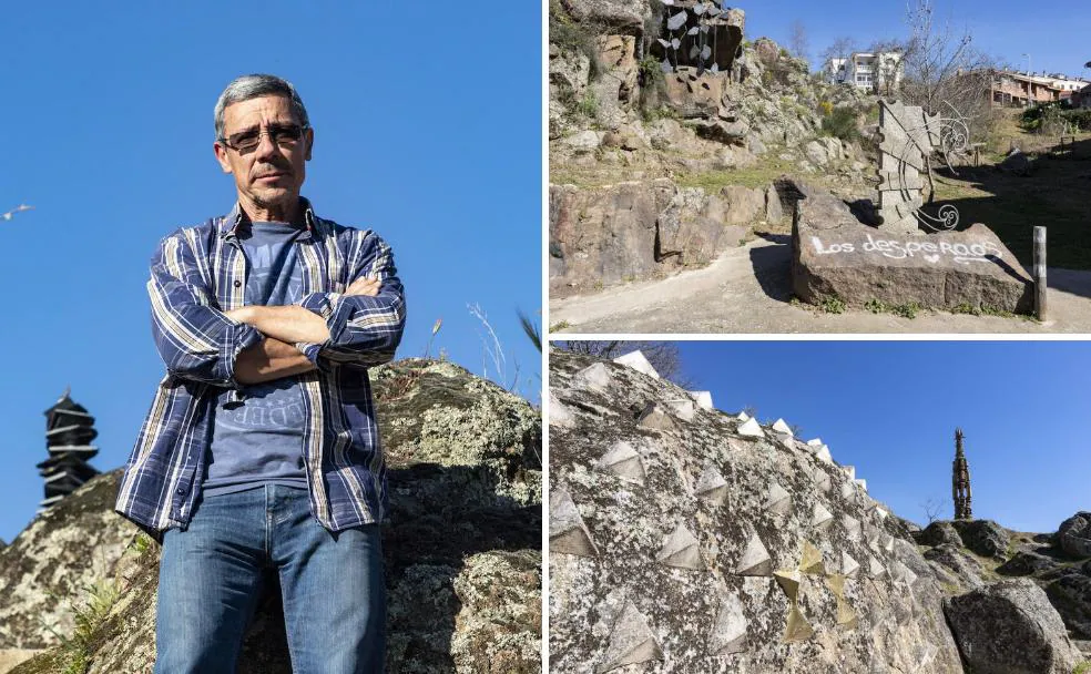 El escultor Antonio Blázquez junto a sus obras en el museo del Berrocal y algunos de los daños ocasionados en sus creaciones. / ANDY SOLÉ