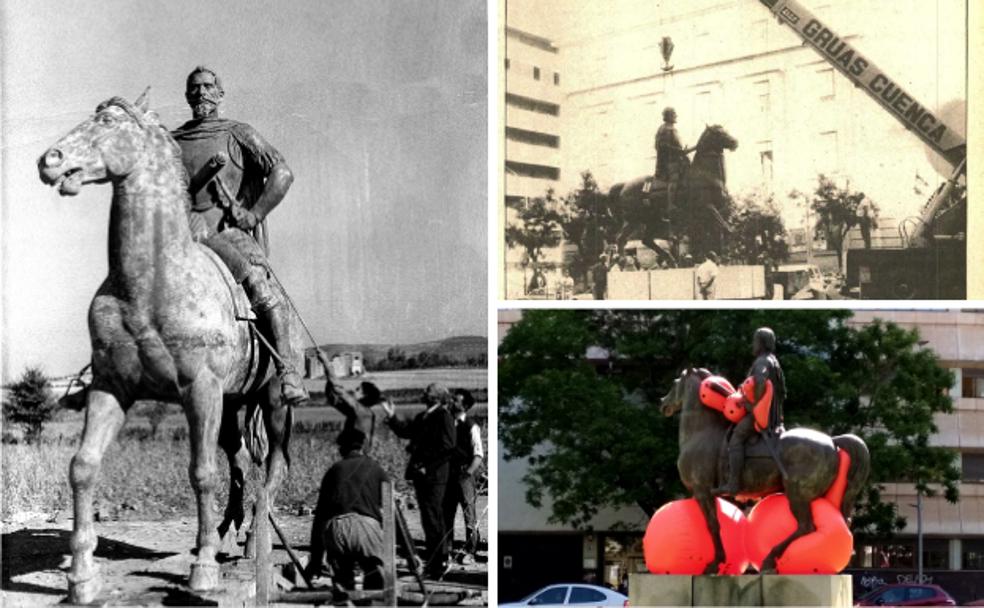 Año 1963. Comendador admira su Pedro de Valdivia. Arriba a la izquierda, la estatua se colocó el 27 de junio de 1986. Debajo, Ahora, con las boyas de Ampparito. /S. GUINEA/HOY