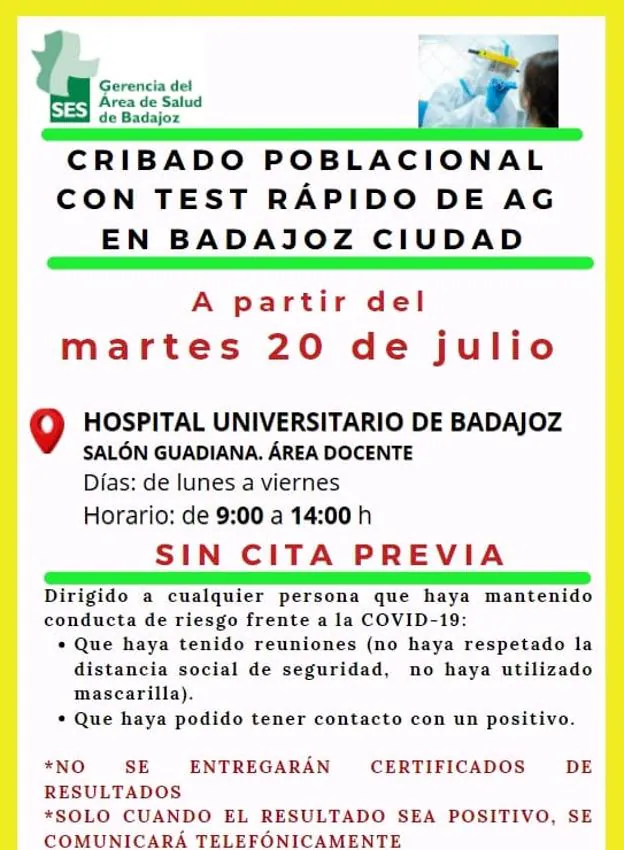 Sanidad hará cribados masivos a partir del martes en Badajoz