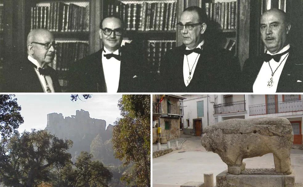 Arriba, en el año 1968, Dámaso, Rodríguez-Moñino, Cela y Lázaro Carreter. Abajao, a la izquierda el Castillo de Mirabel; y a la derecha, el Verraco del tesoro de Segura de Toro. /S.E. / HOY