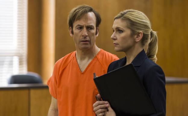 Bob Odenkirk (L) and Rhea Seehorn (R) in a scene from the series 'Better Call Saul'.